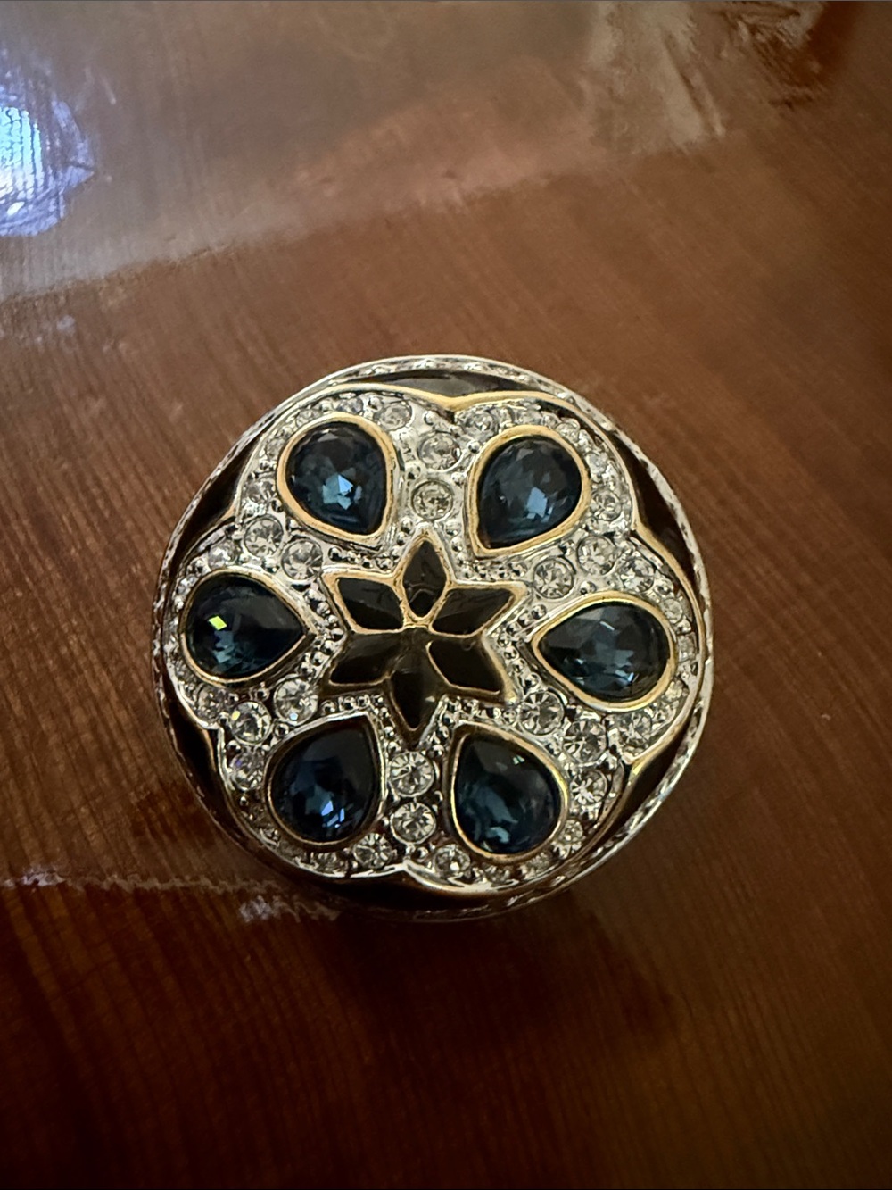 Gold-Tone Blue Crystal Floral Brooch - Unbranded